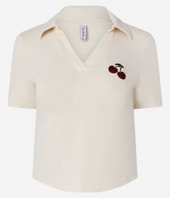 Blusa Polo com Bordado Cereja e Decote V