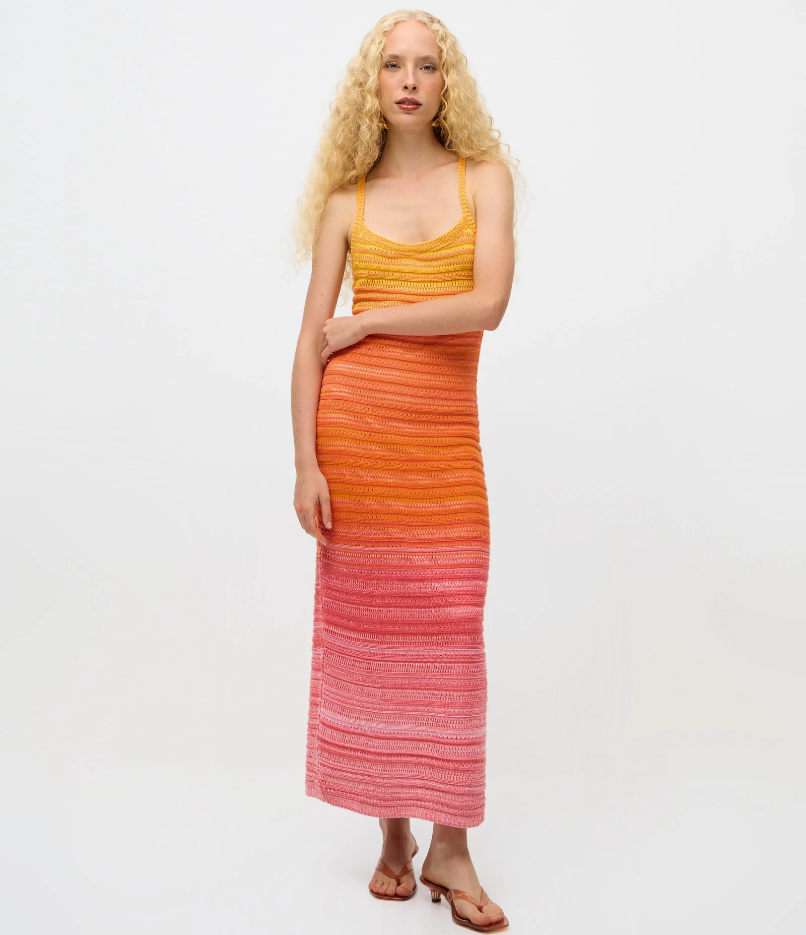 Vestido Longo em Tricô Degrade com Alças Cruzadas Laranja 2