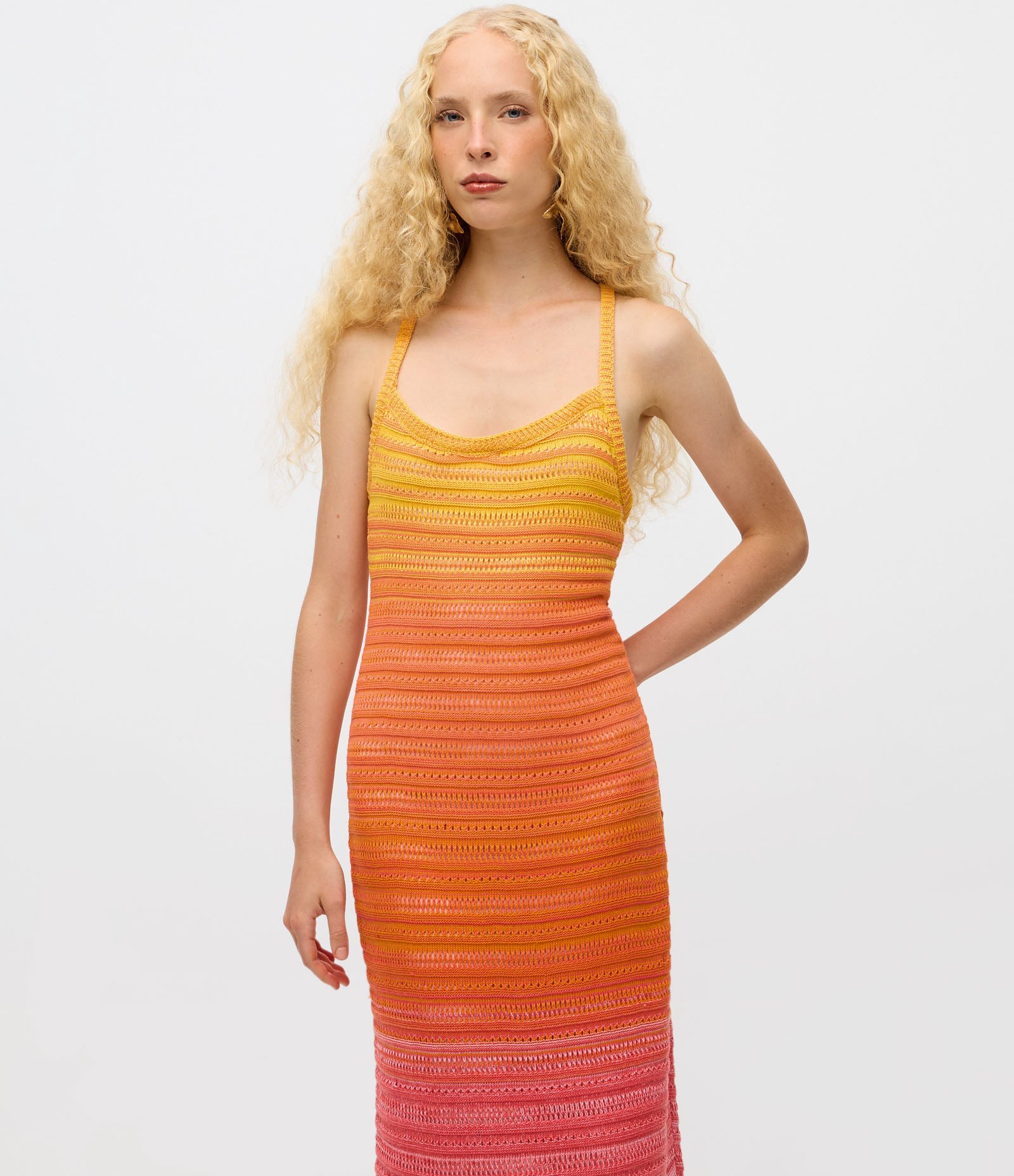 Vestido Longo em Tricô Degrade com Alças Cruzadas Laranja 3