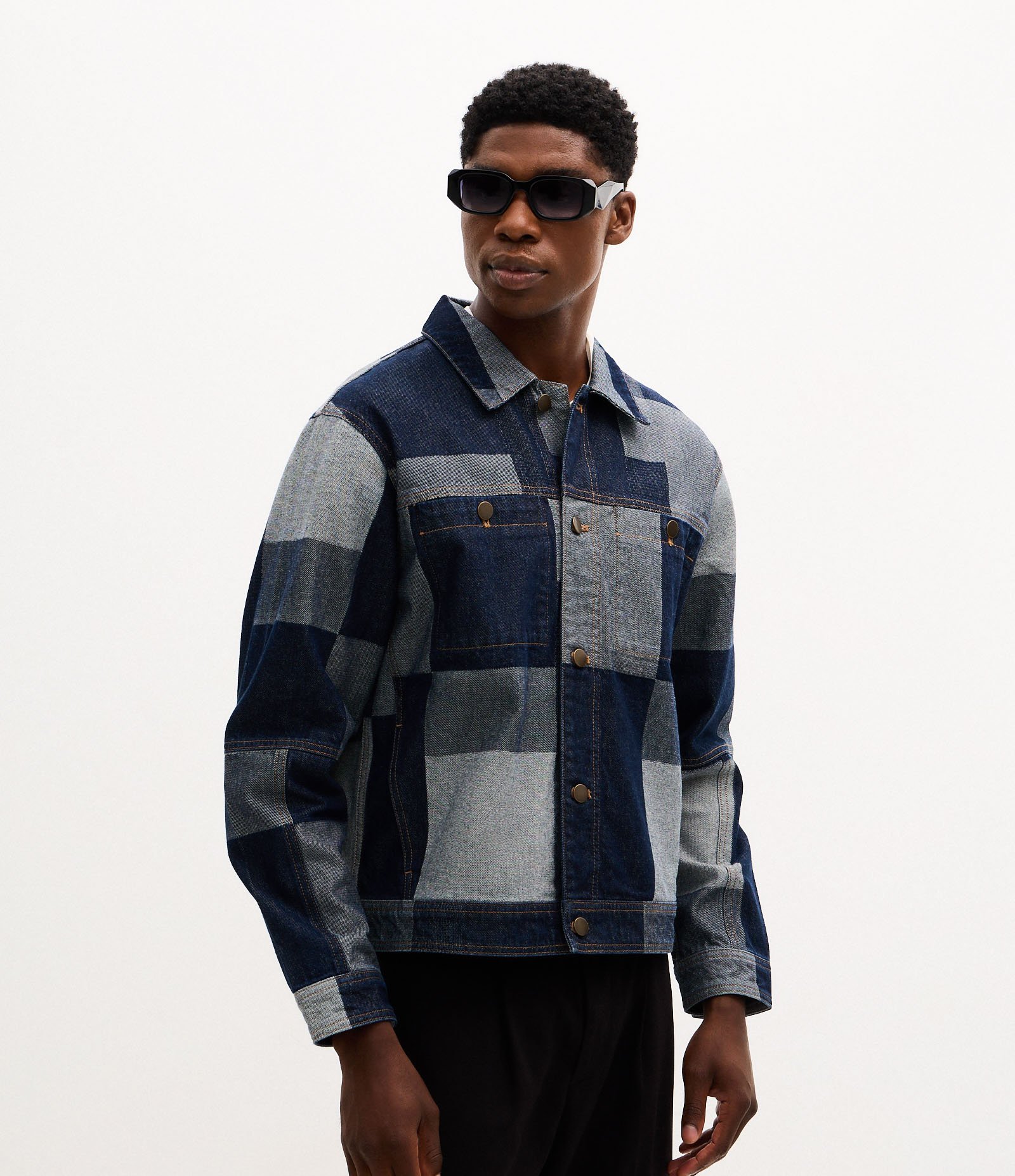 Jaqueta em Jacquard Quadriculado Patchwork com Bolsos Frontais Azul 2