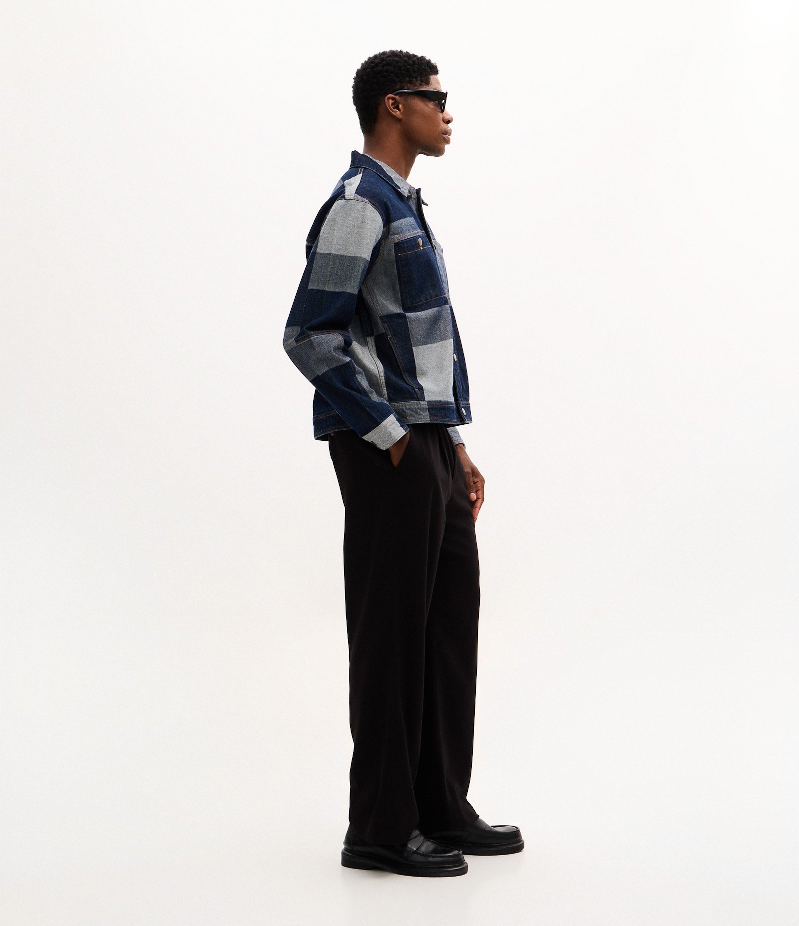 Jaqueta em Jacquard Quadriculado Patchwork com Bolsos Frontais Azul 3