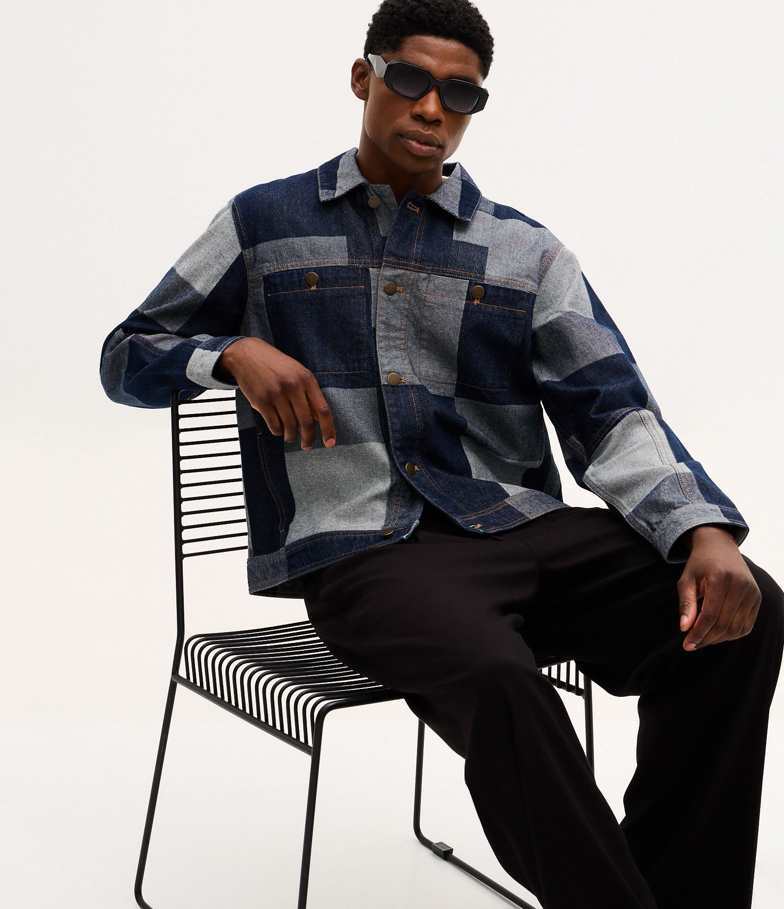 Jaqueta em Jacquard Quadriculado Patchwork com Bolsos Frontais Azul 4