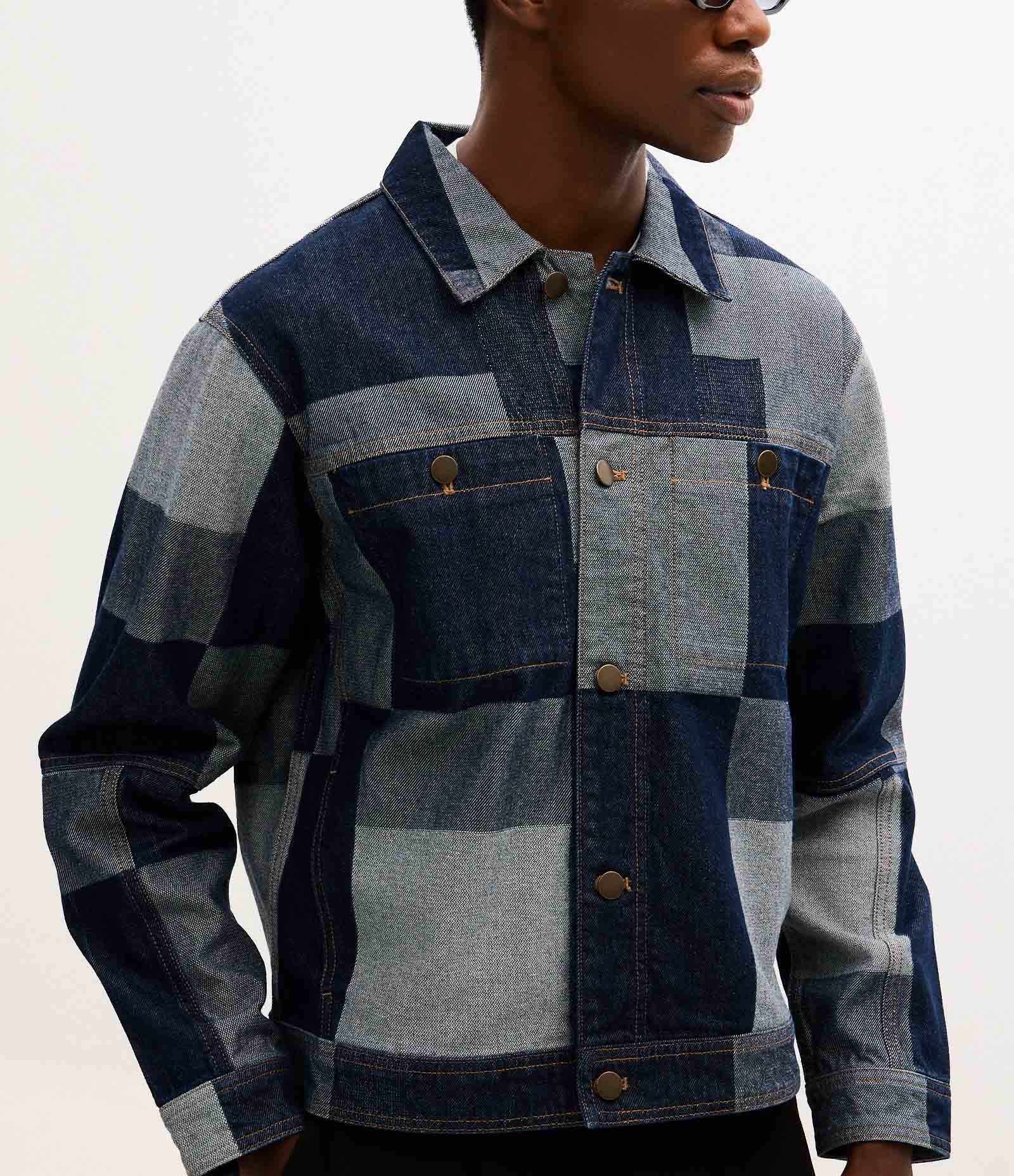 Jaqueta em Jacquard Quadriculado Patchwork com Bolsos Frontais Azul 5