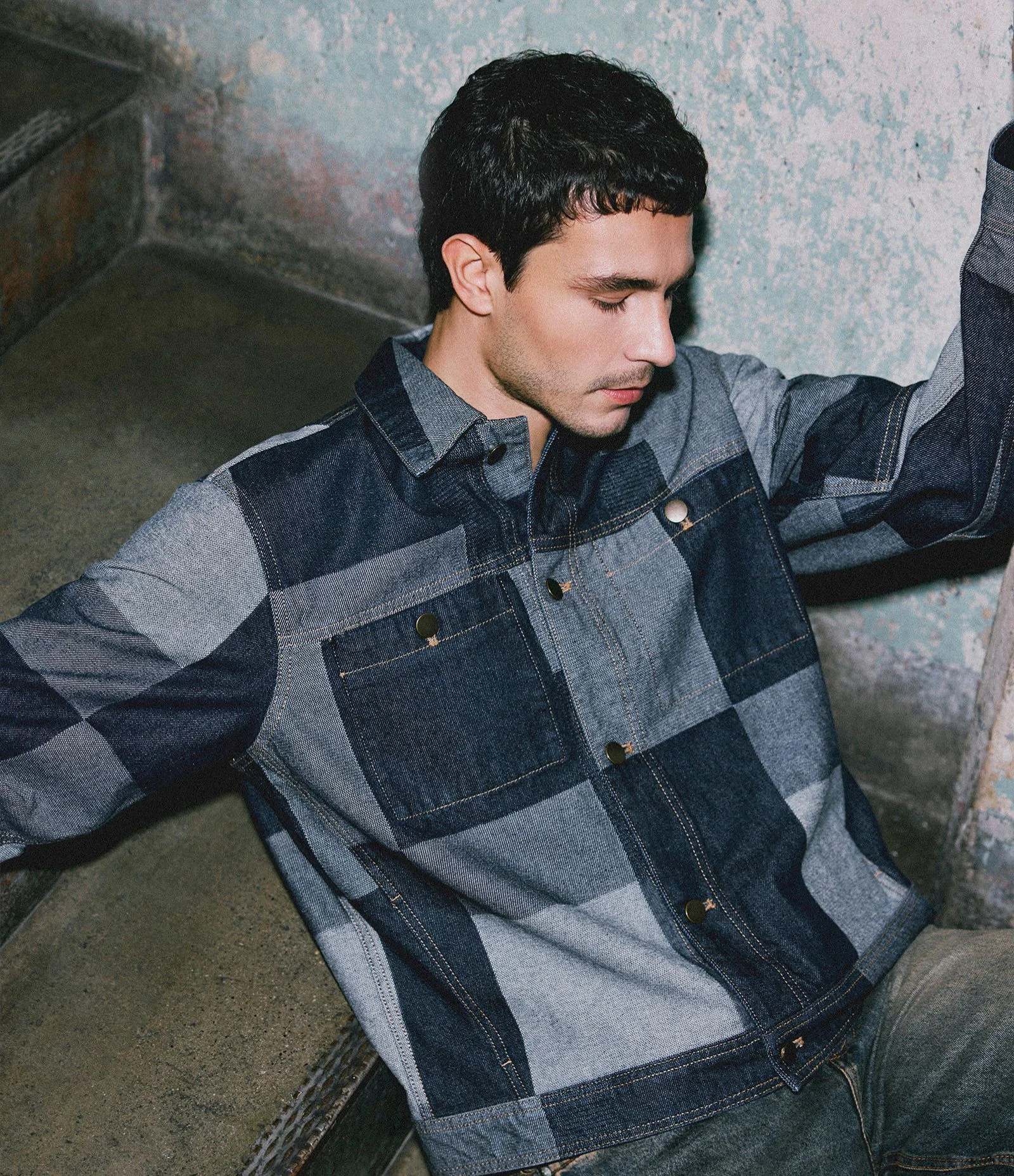 Jaqueta em Jacquard Quadriculado Patchwork com Bolsos Frontais Azul 1