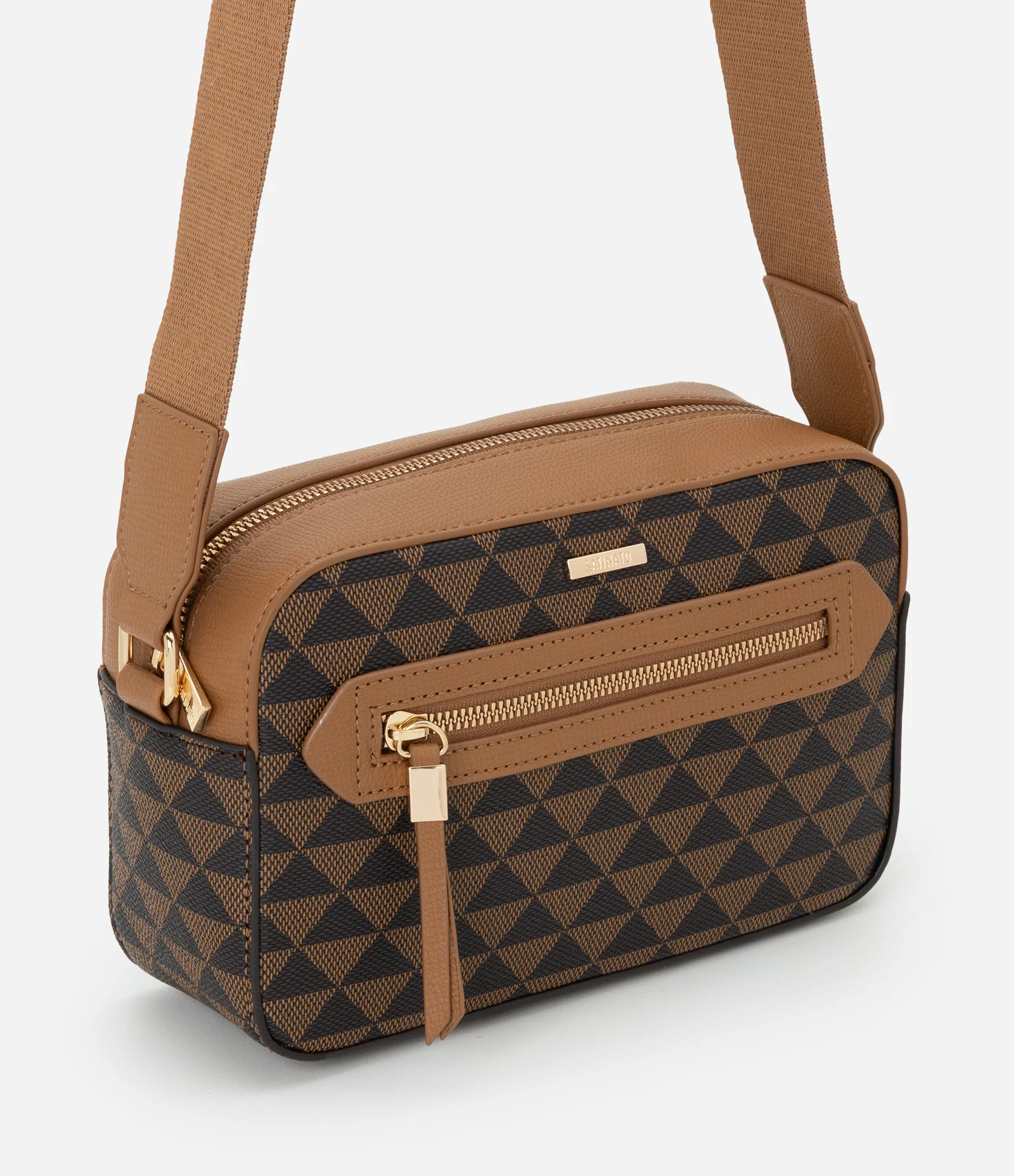 Bolsa Câmera Bag Pequena em PU com Estampa Geométrica Marrom 1