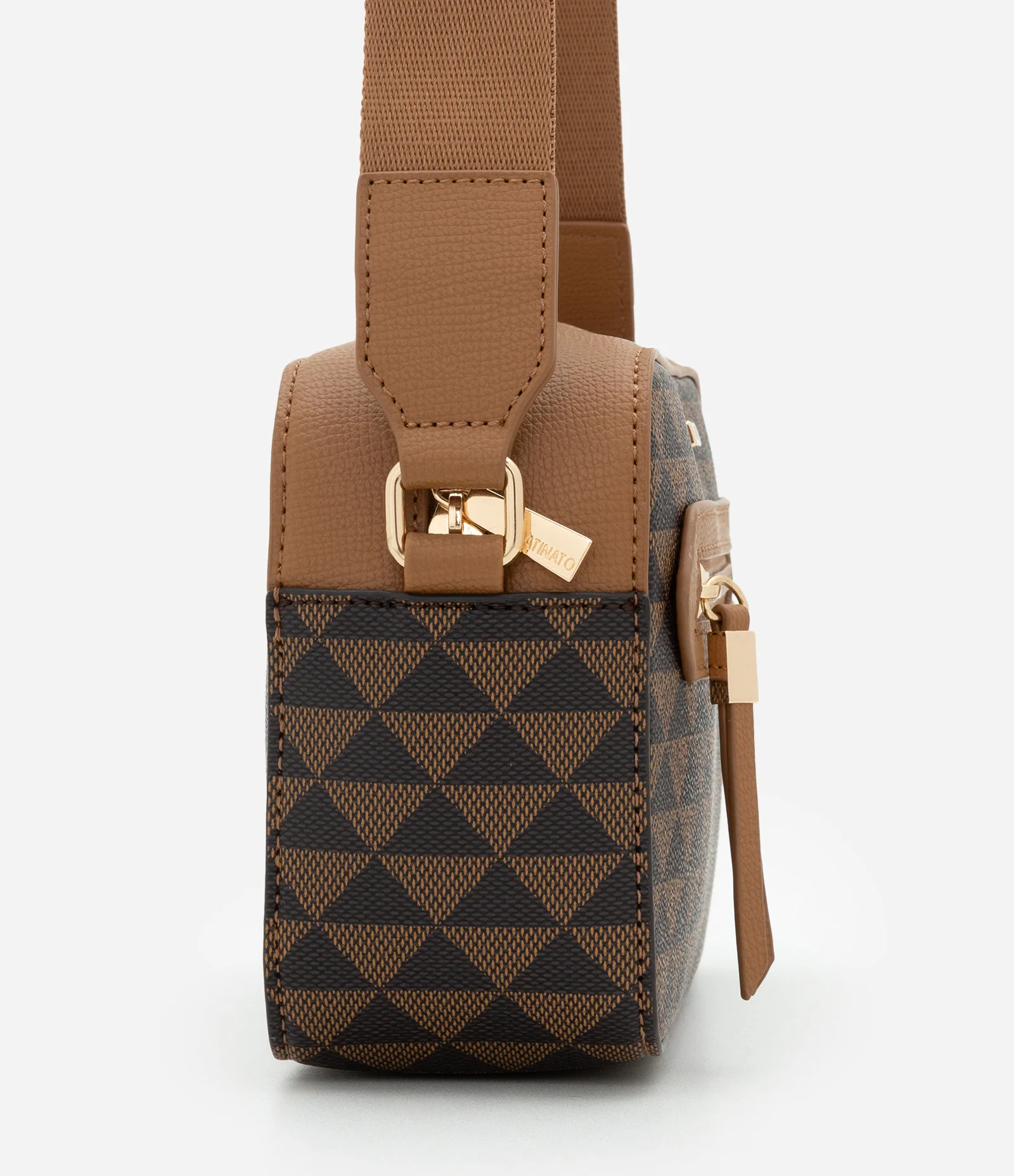 Bolsa Câmera Bag Pequena em PU com Estampa Geométrica Marrom 2