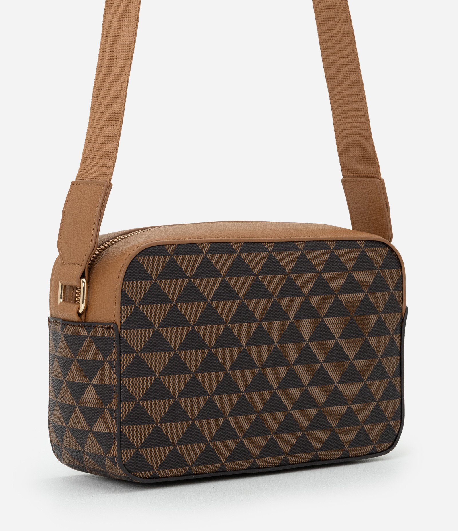 Bolsa Câmera Bag Pequena em PU com Estampa Geométrica Marrom 3