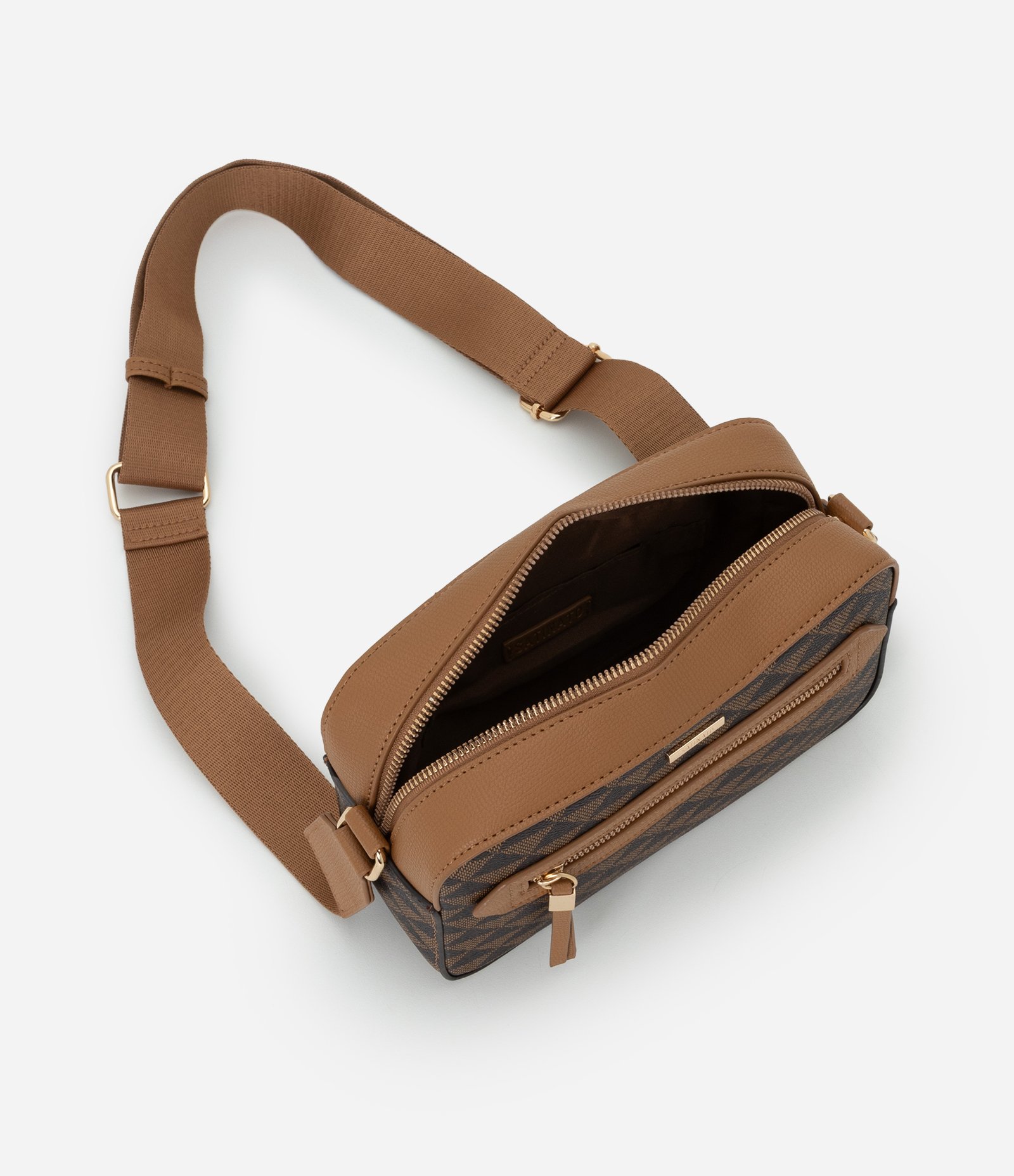 Bolsa Câmera Bag Pequena em PU com Estampa Geométrica Marrom 4