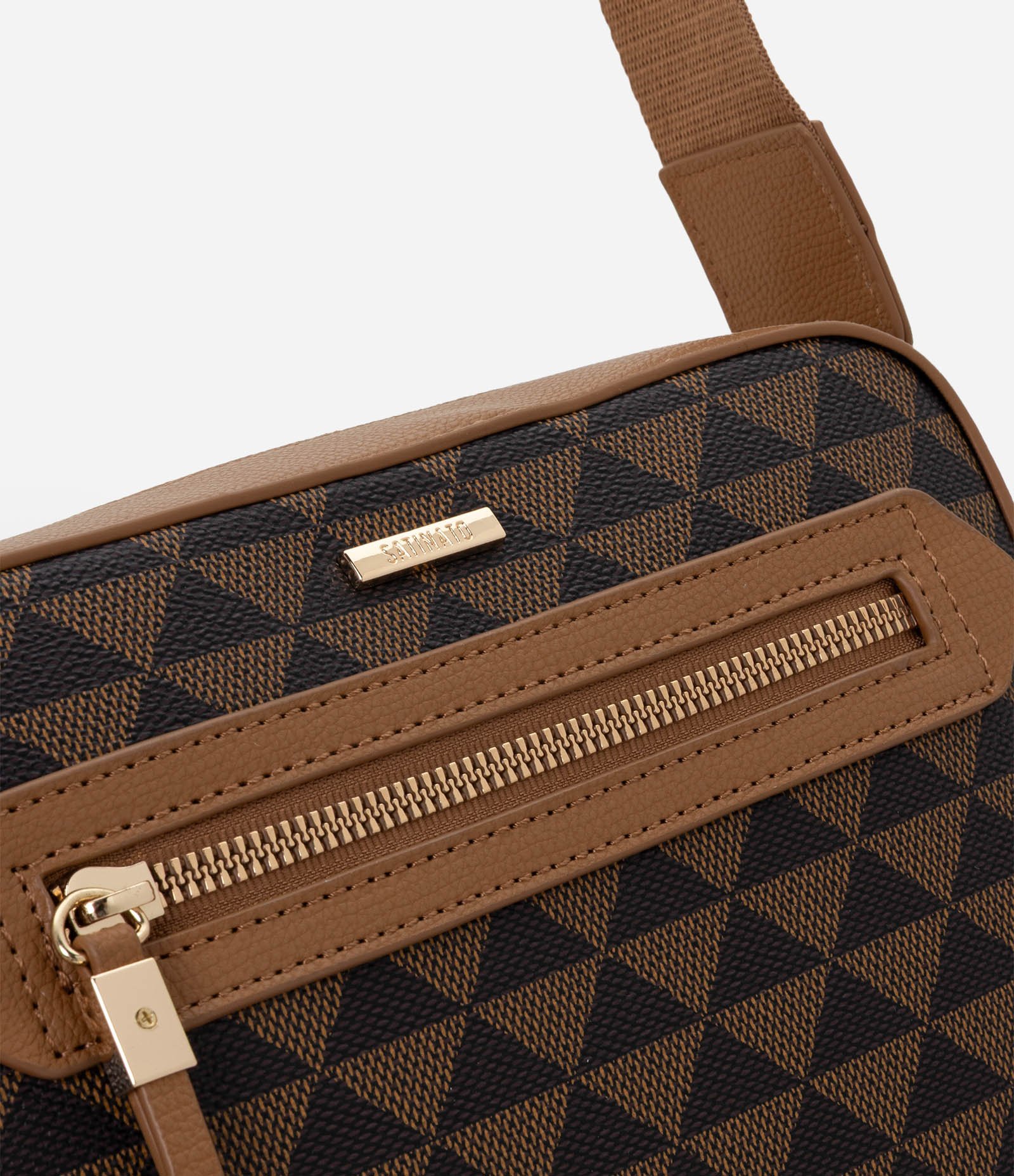 Bolsa Câmera Bag Pequena em PU com Estampa Geométrica Marrom 5