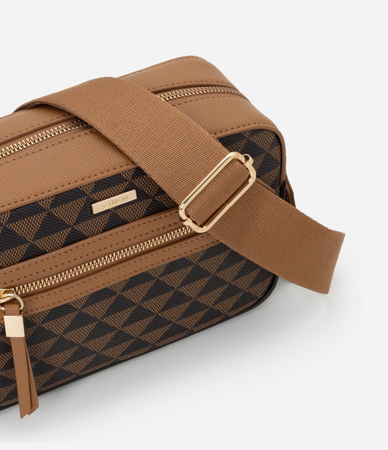 Bolsa Câmera Bag Pequena em PU com Estampa Geométrica Marrom 6