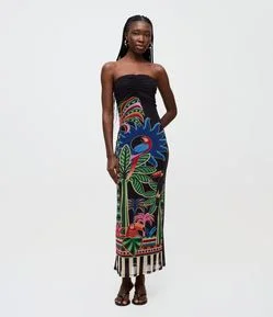 Vestido Midi em Tule com Estampa Tropical Frontal e Franzido no Busto