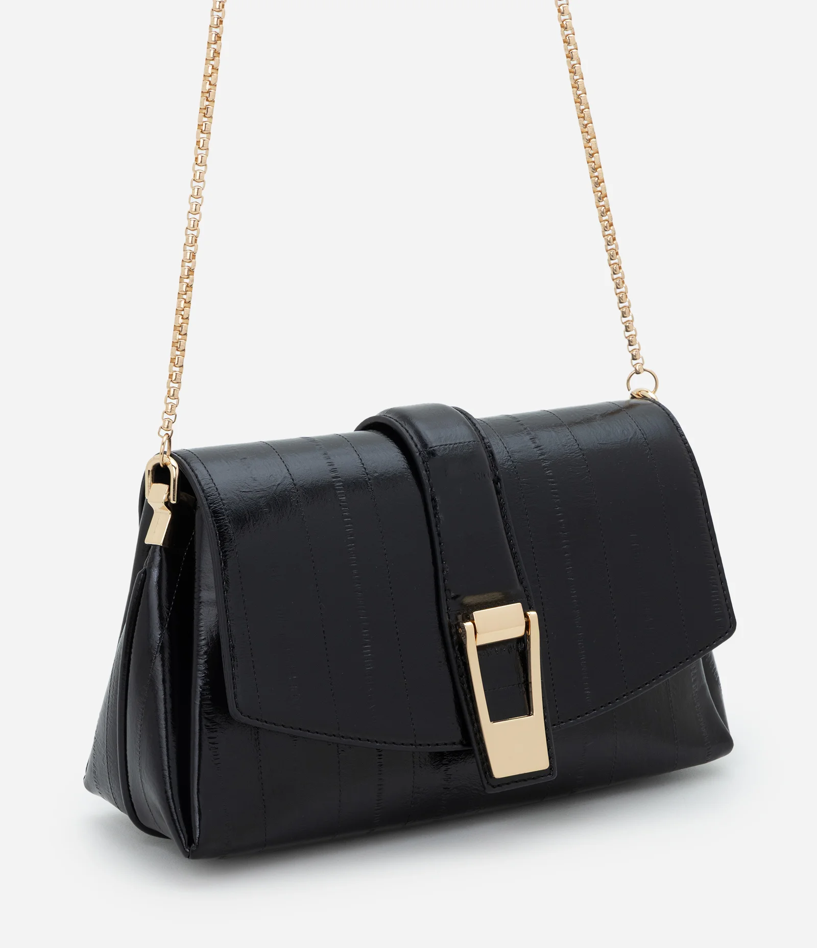 Bolsa Transversal Média em PU Estruturado com Corrente Preto 1