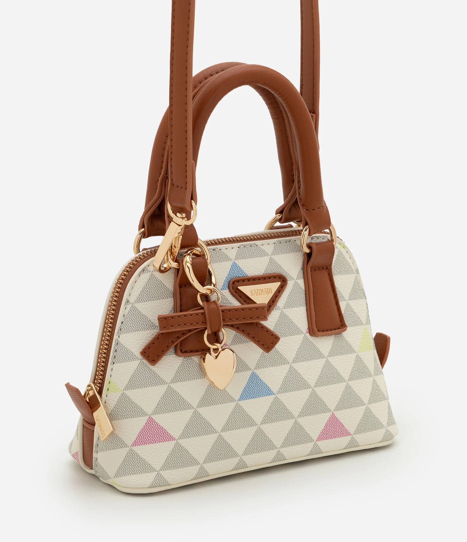 Bolsa Pequena em PU com Alça de Mão e Estampa Triângulos Off White 1