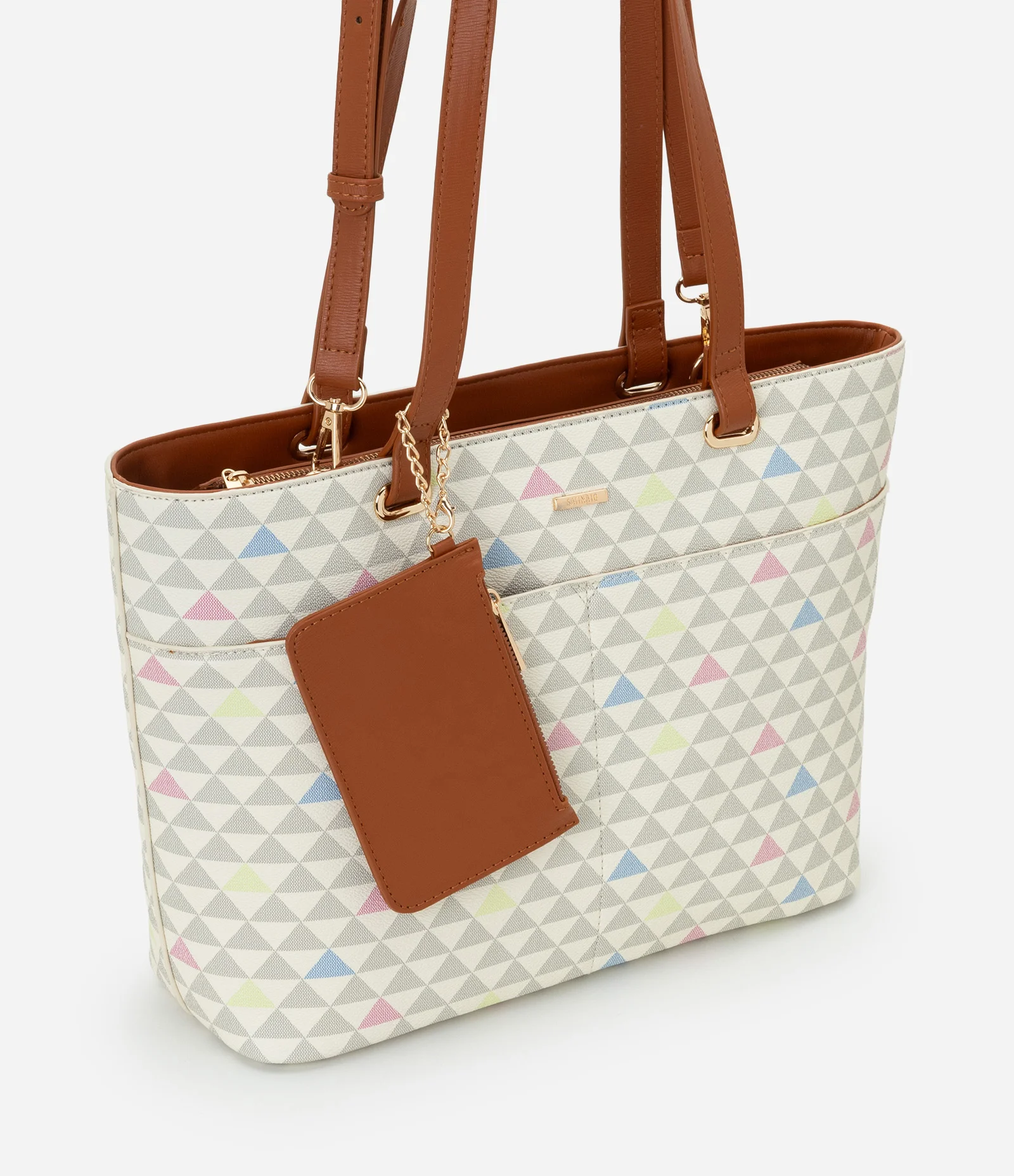 Bolsa Grande em PU com Carteira e Estampa Triângulos Off White 1