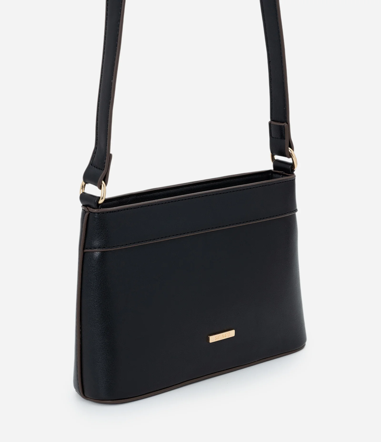 Bolsa Transversal Pequena em PU com Alça Longa Ajustável Preto 1