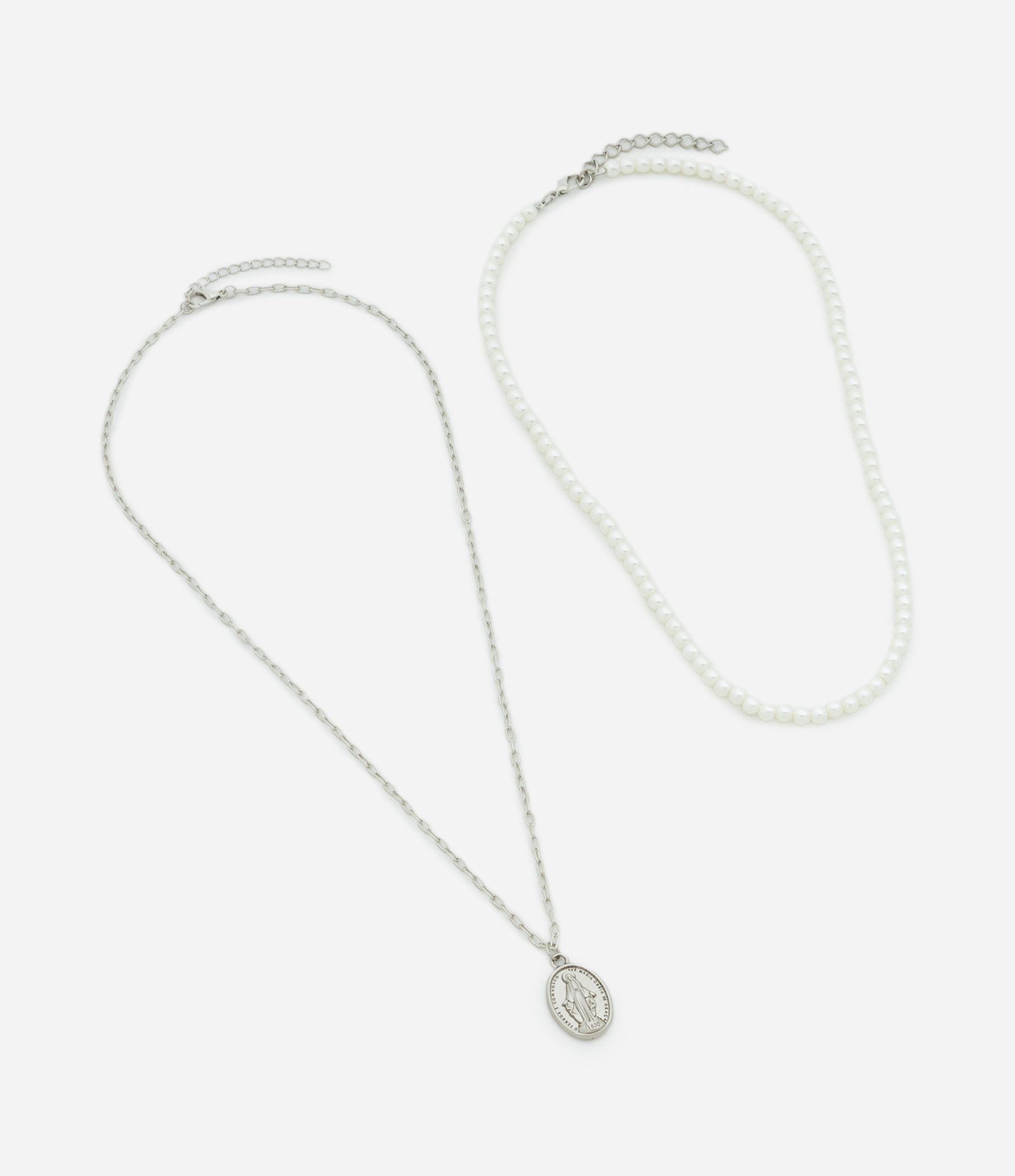 Kit com 02 Colares Corrente com Medalha Ave Maria e Colar de Pérolas Prata 2