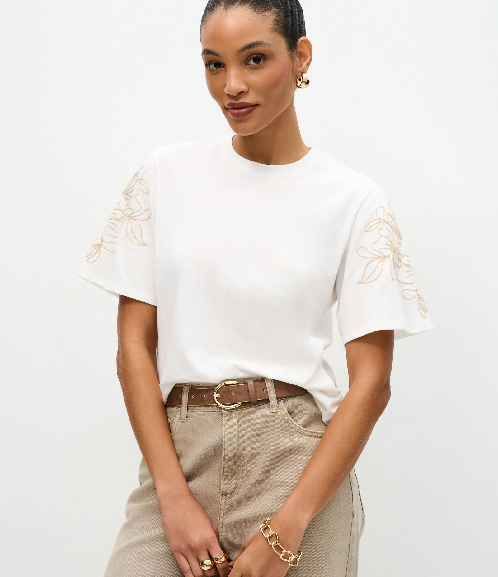 Blusa Slim em Algodão com Bordado Folhagem nas Mangas Branco 1