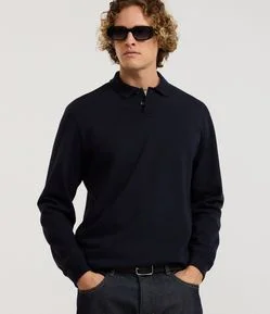 Moletom Liso em Algodão com Gola Polo