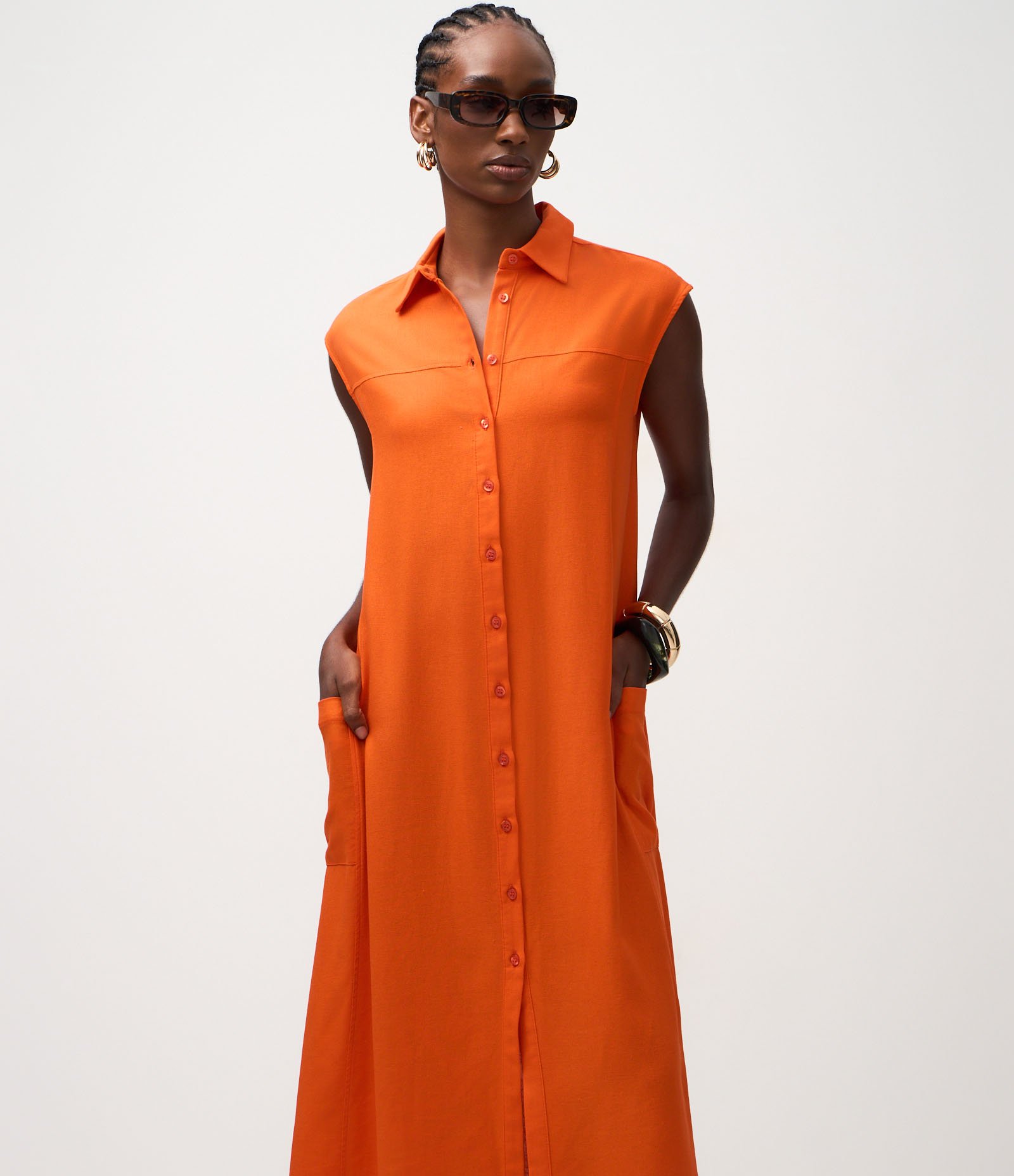 Vestido Chemise Plano com Linho e Botões Laranja 1
