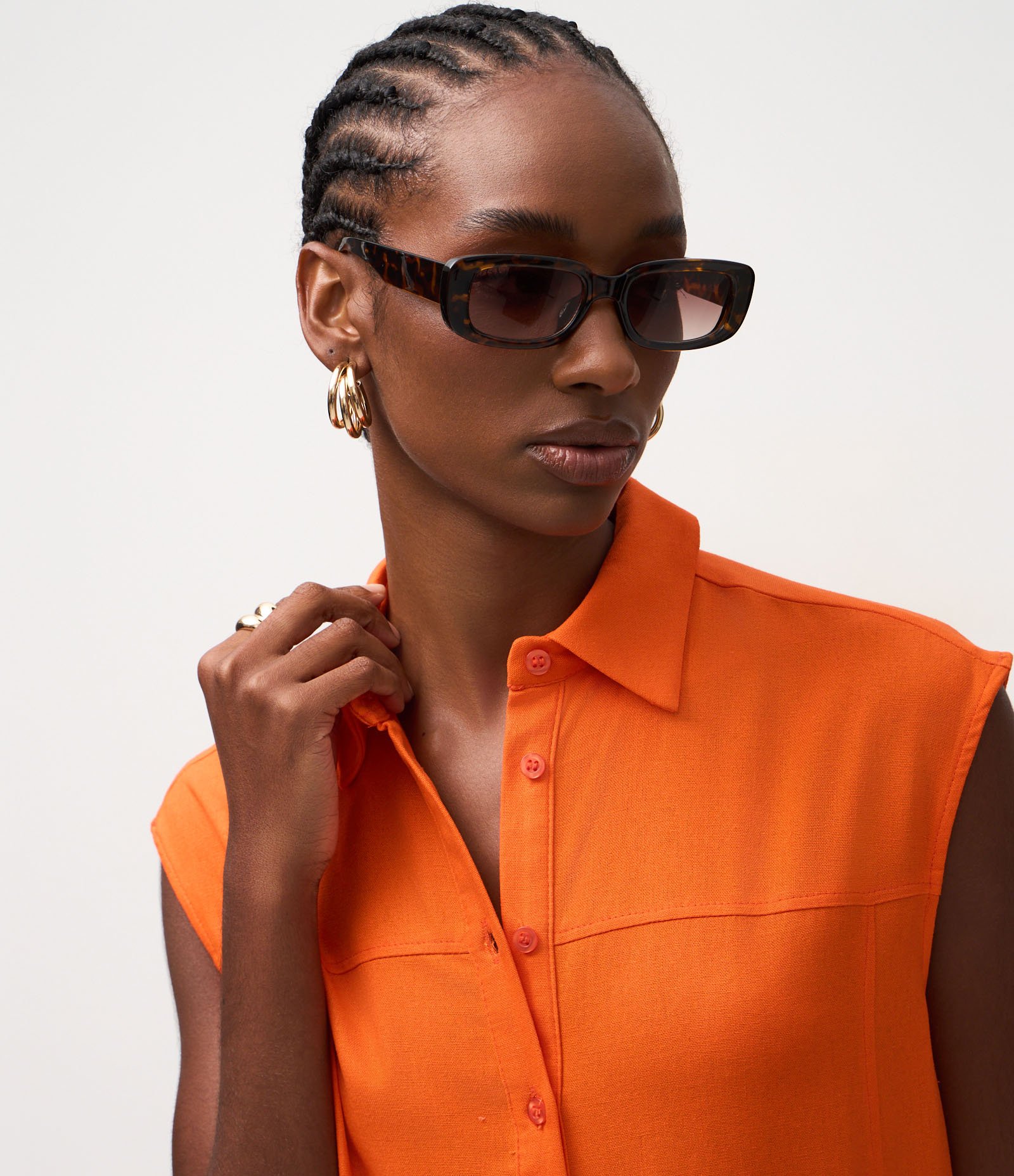 Vestido Chemise Plano com Linho e Botões Laranja 3