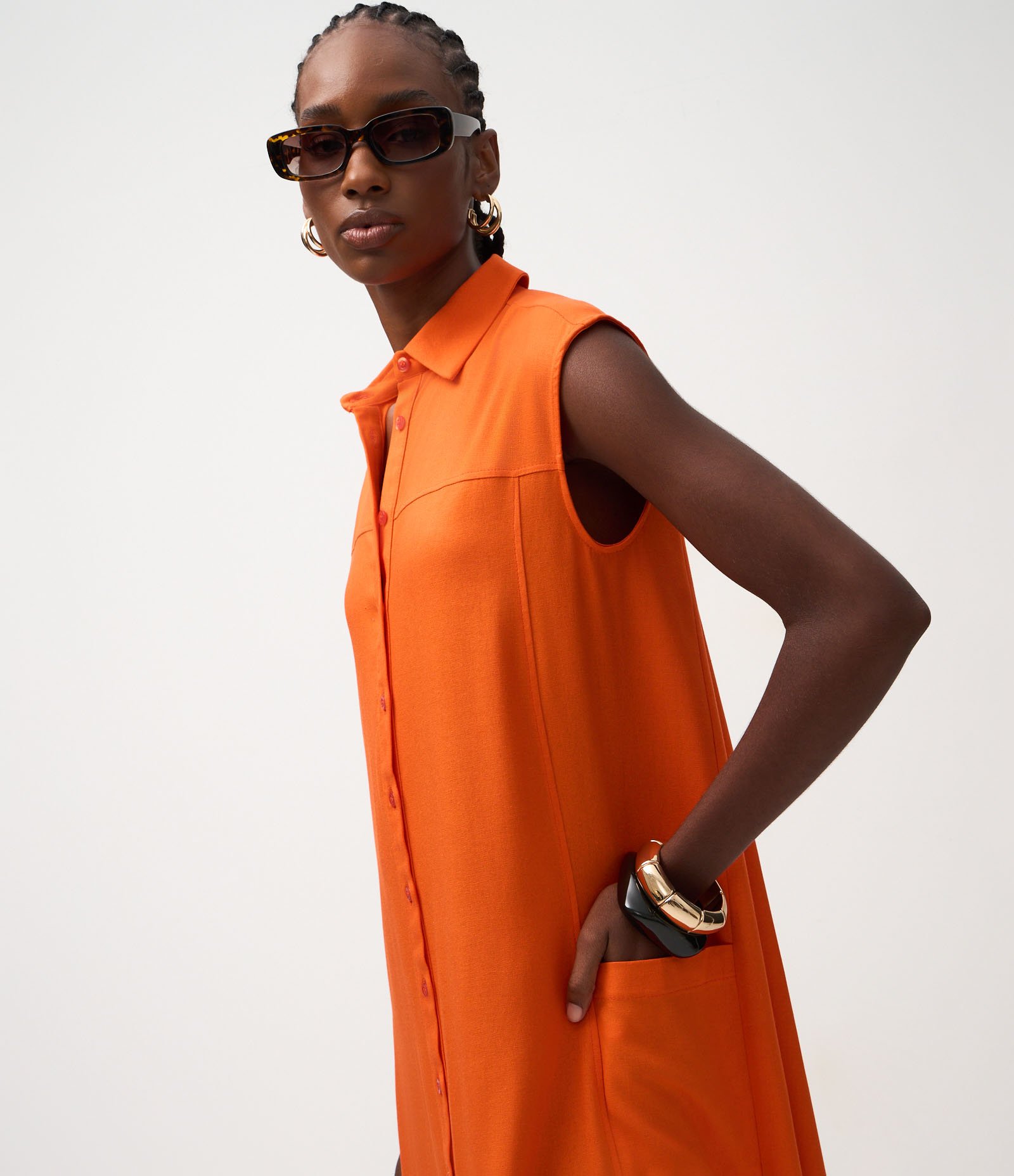 Vestido Chemise Plano com Linho e Botões Laranja 4