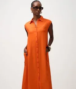 Vestido Chemise Plano com Linho e Botões