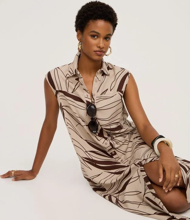 Vestido Chemise Longo em Viscolinho com Estampa Folhagem