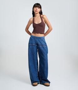 Calça Wide Leg em Jeans com Pala Saia