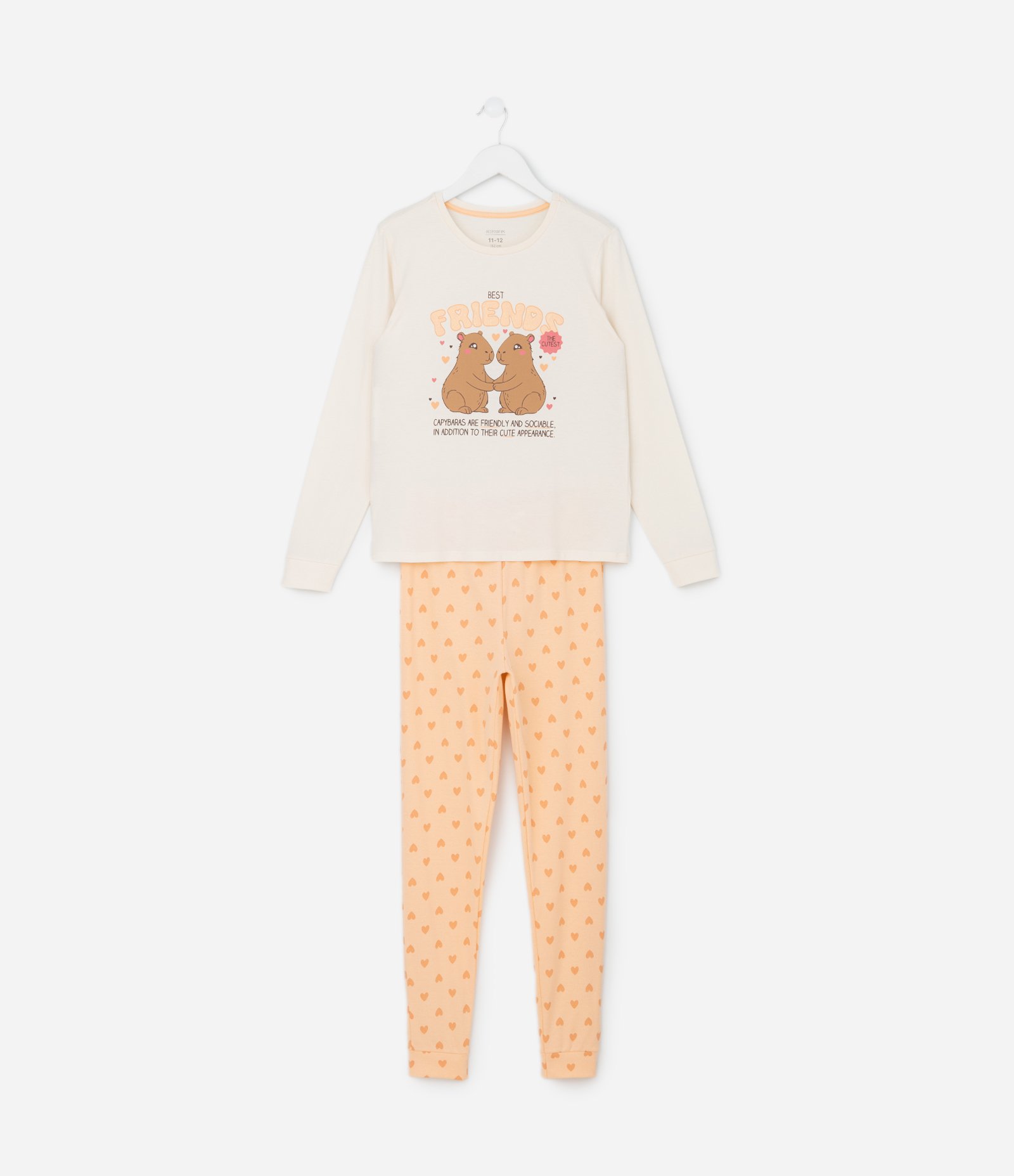 Pijama Infantil Longo com Estampa Capivara Friends  – Tam 5 a 14 Anos Off White/Laranja 1