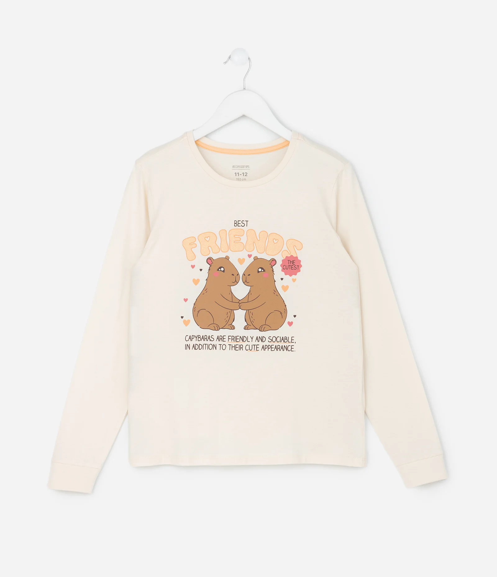 Pijama Infantil Longo com Estampa Capivara Friends  – Tam 5 a 14 Anos Off White/Laranja 2
