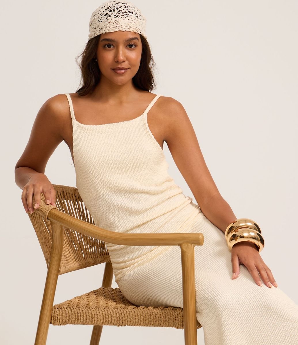 Vestido New Midi com Decote Degagê e Franzido Lateral Off White