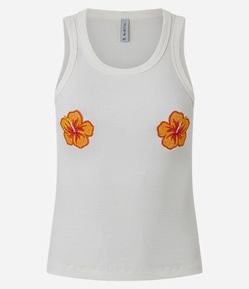 Blusa Regata em Ribana com Bordado Floral Localizado