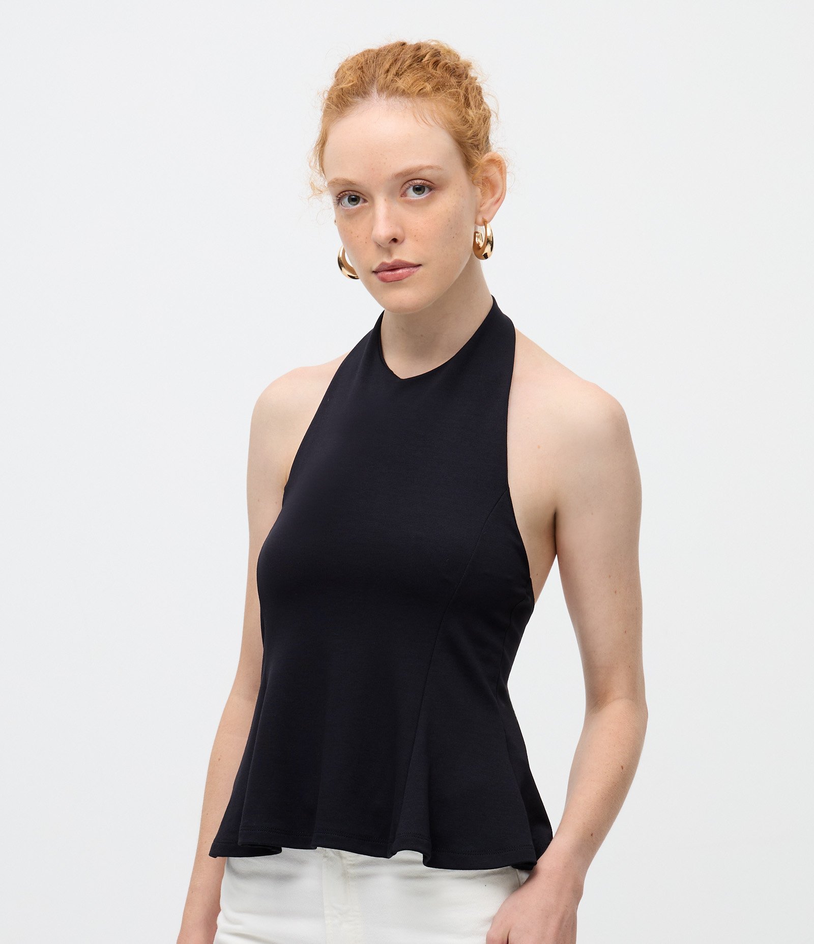 Blusa Frente Única e Peplum em Ponto Roma Preto 1
