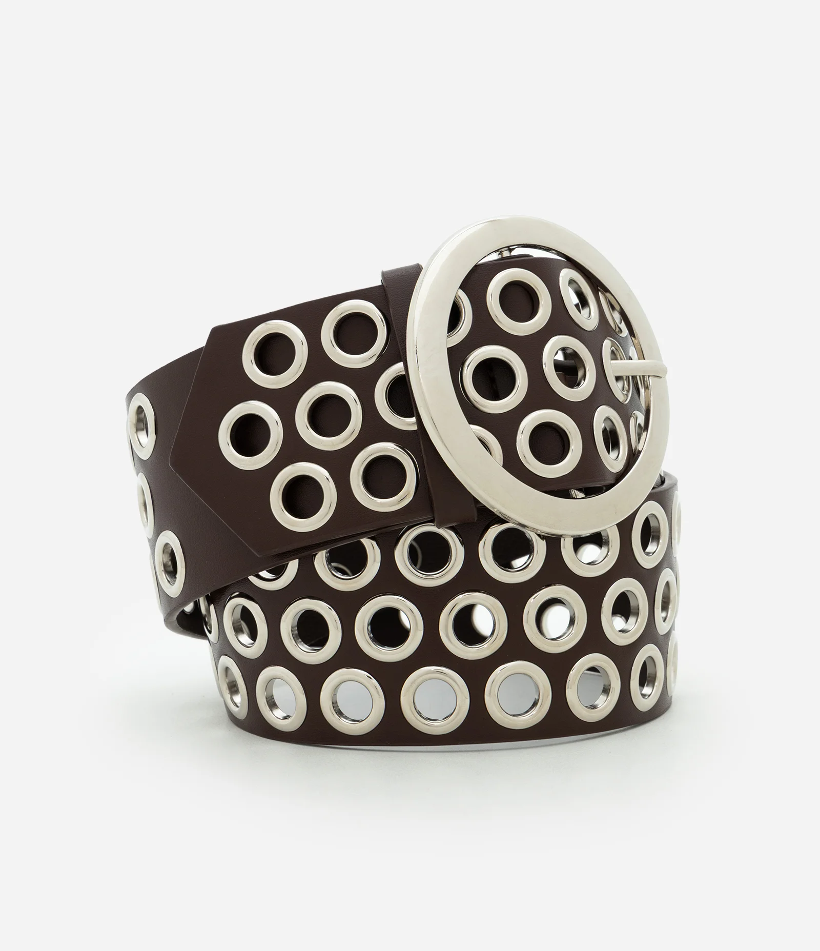 Cinto Largo em PU com Ilhoses e Fivela Redonda Marrom 1