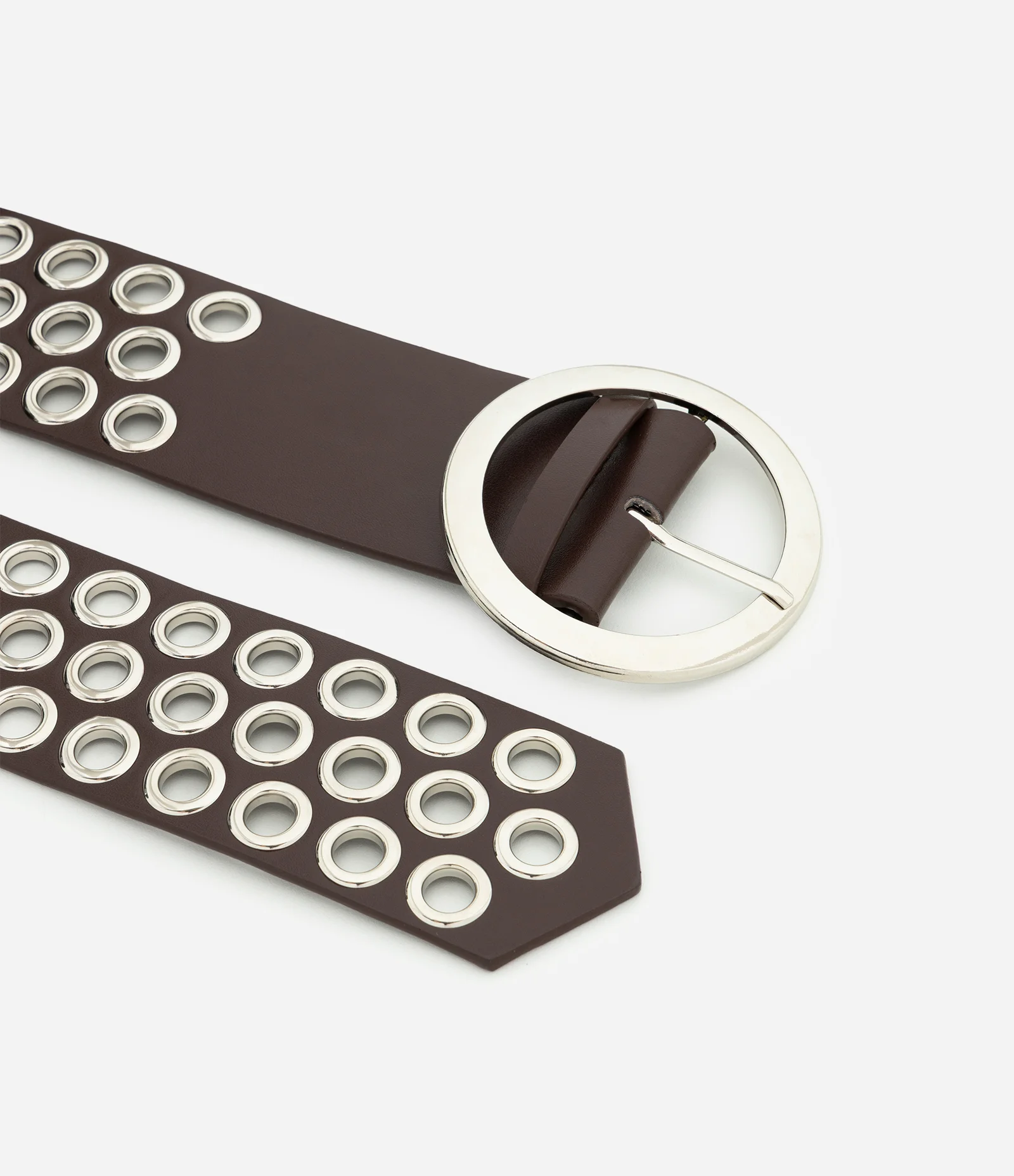 Cinto Largo em PU com Ilhoses e Fivela Redonda Marrom 2