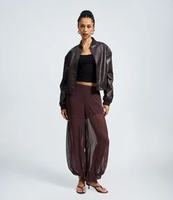 Calça Balloon em Chiffon com Estampa Poá e Transparência