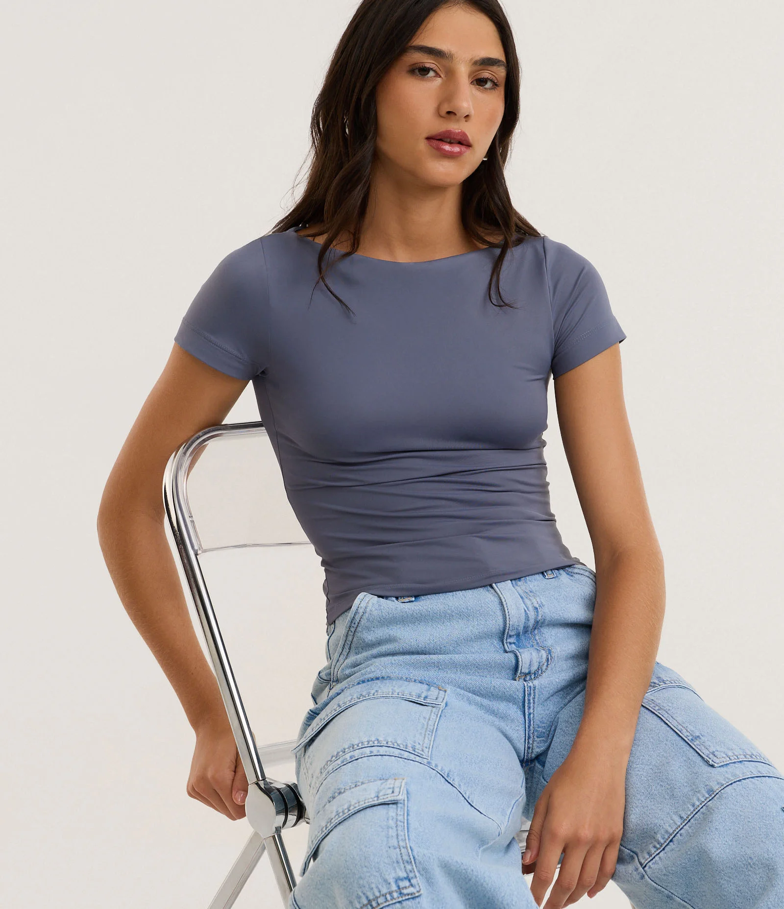 Blusa Manga Curta com Decote Canoa Azul 3