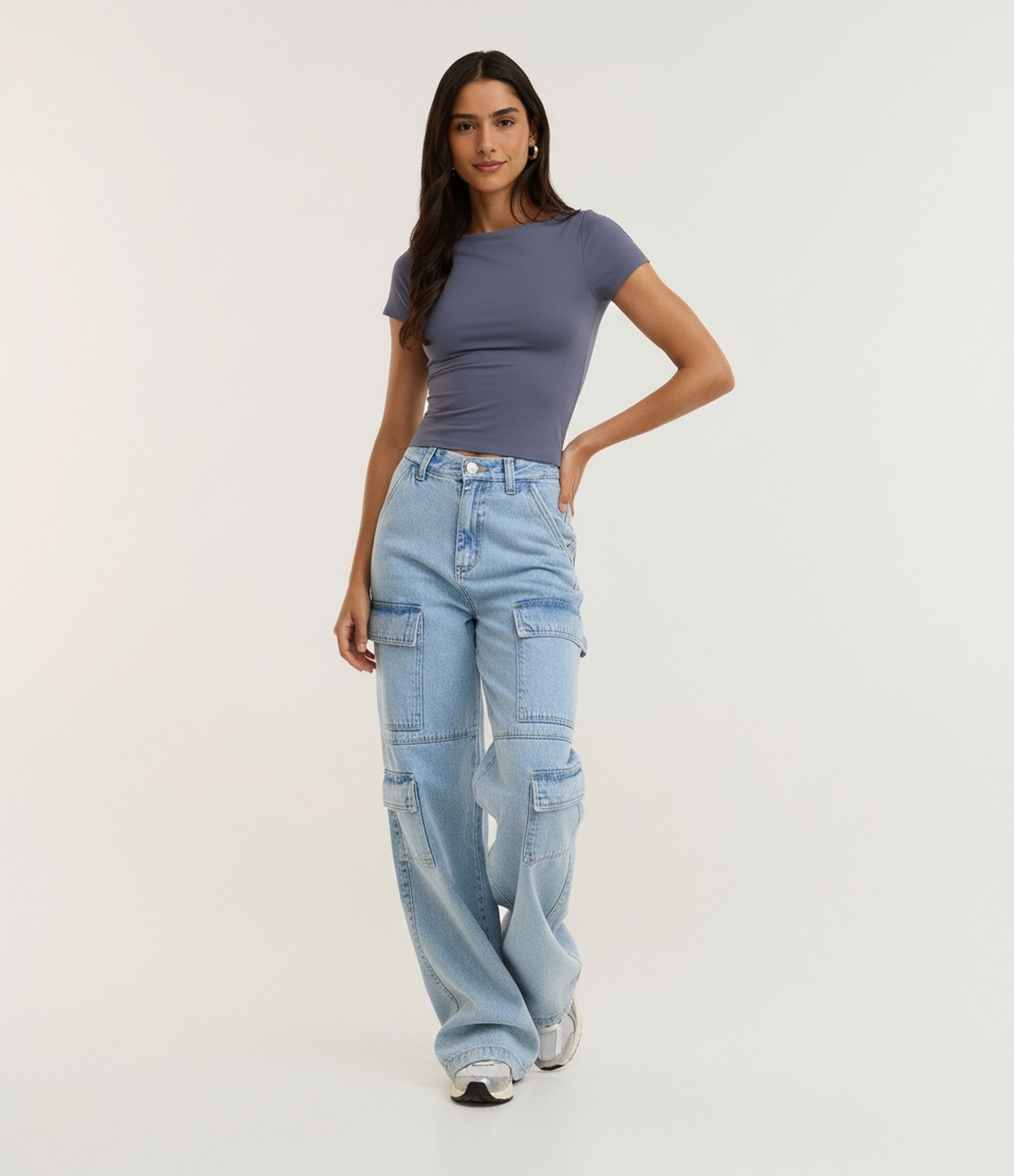 Blusa Manga Curta com Decote Canoa Azul 5