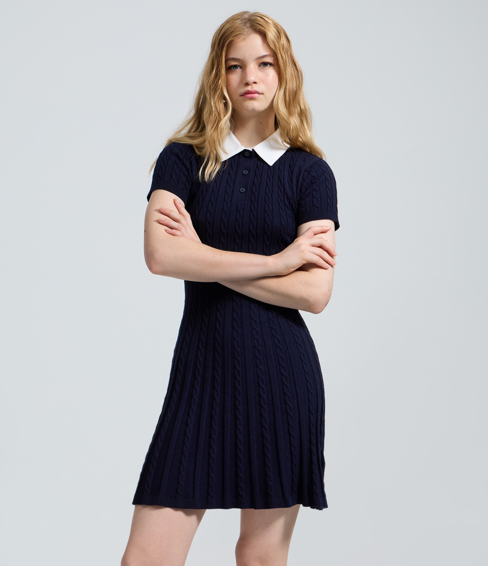 Vestido em Tricô com Textura e Gola Polo Azul 3