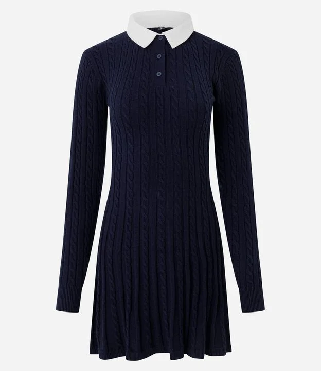 Vestido Manga Longa em Tricô com Textura e Gola Polo