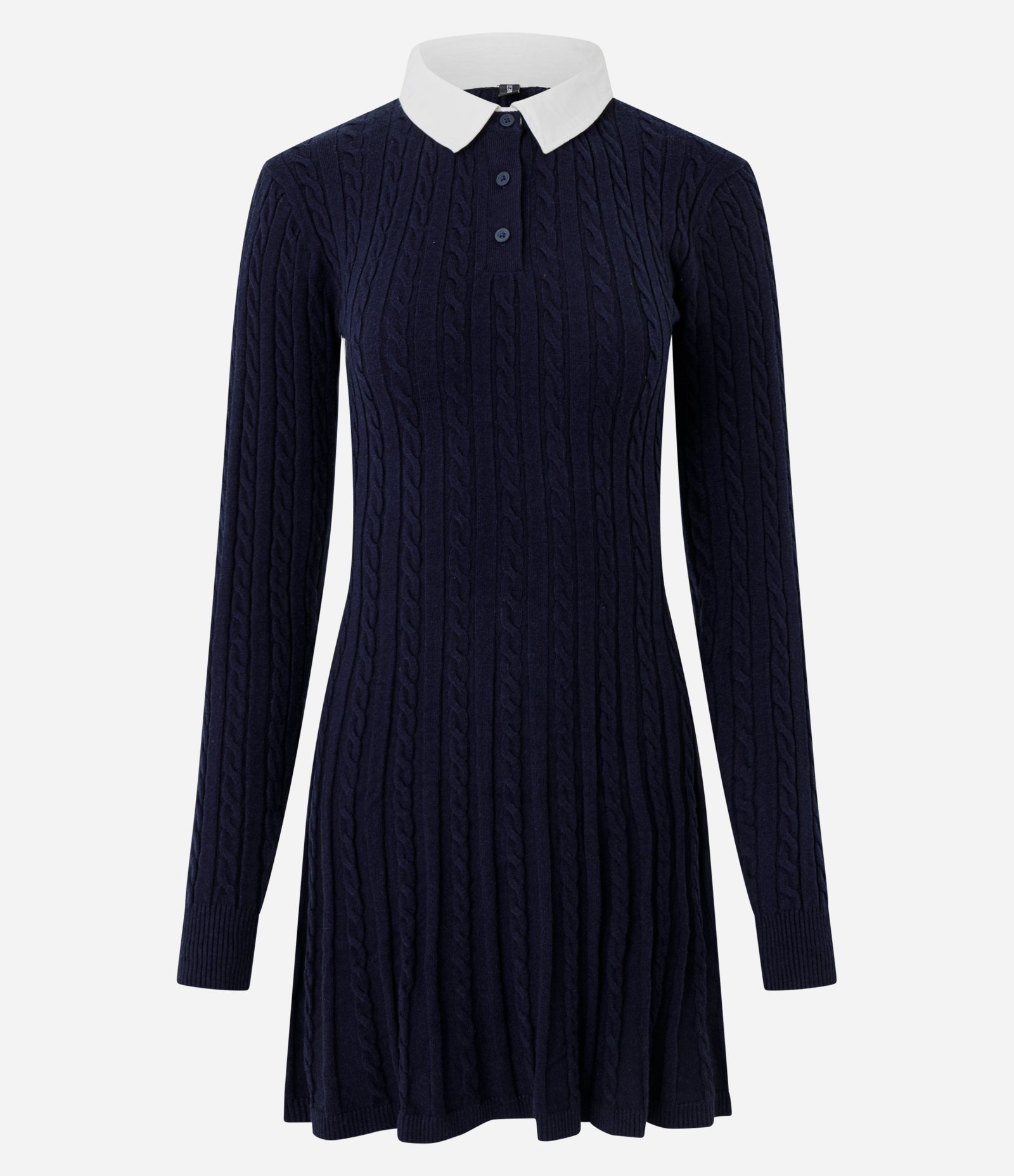 Vestido Manga Longa em Tricô com Textura e Gola Polo Azul 1
