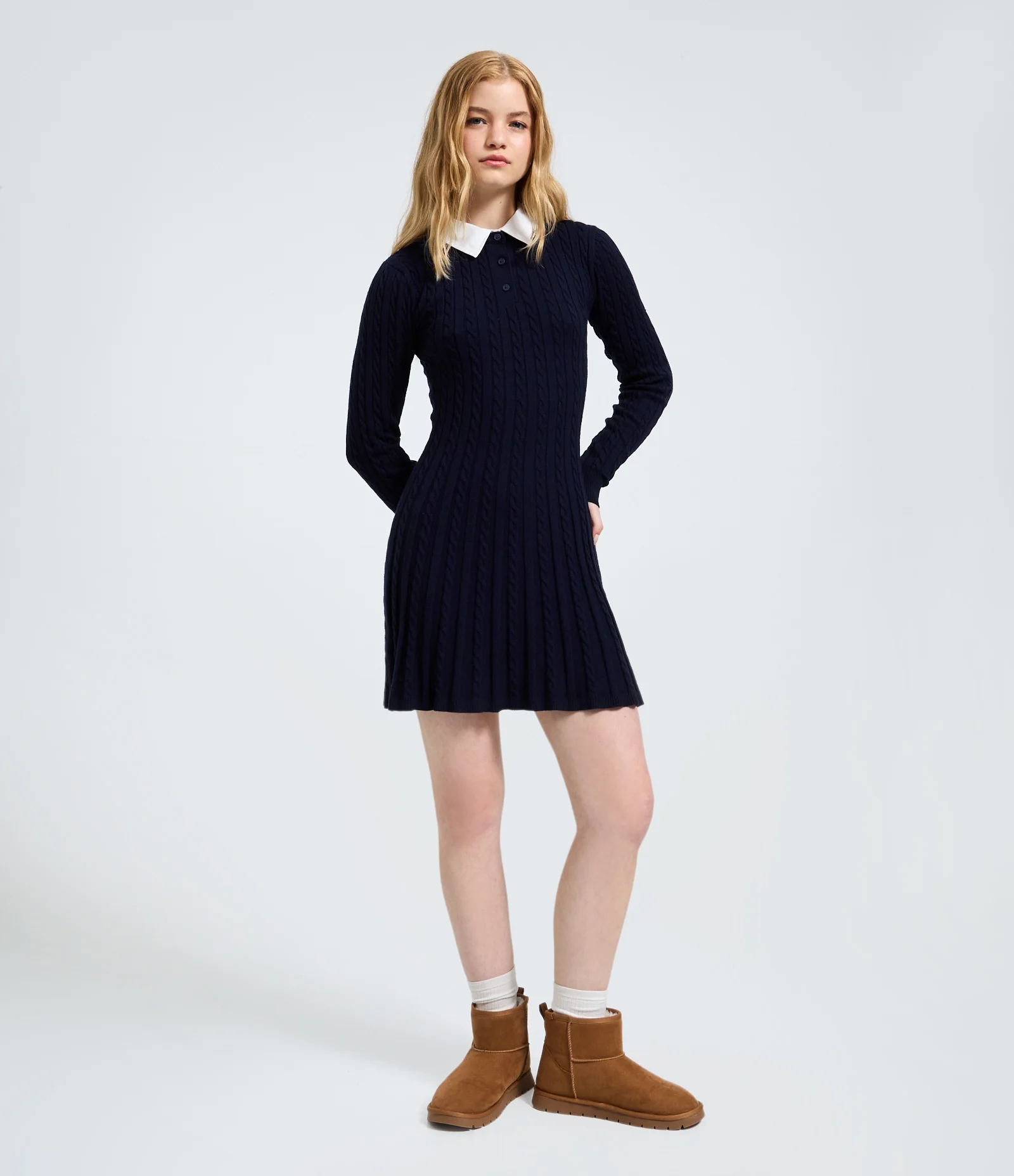Vestido Manga Longa em Tricô com Textura e Gola Polo Azul 1