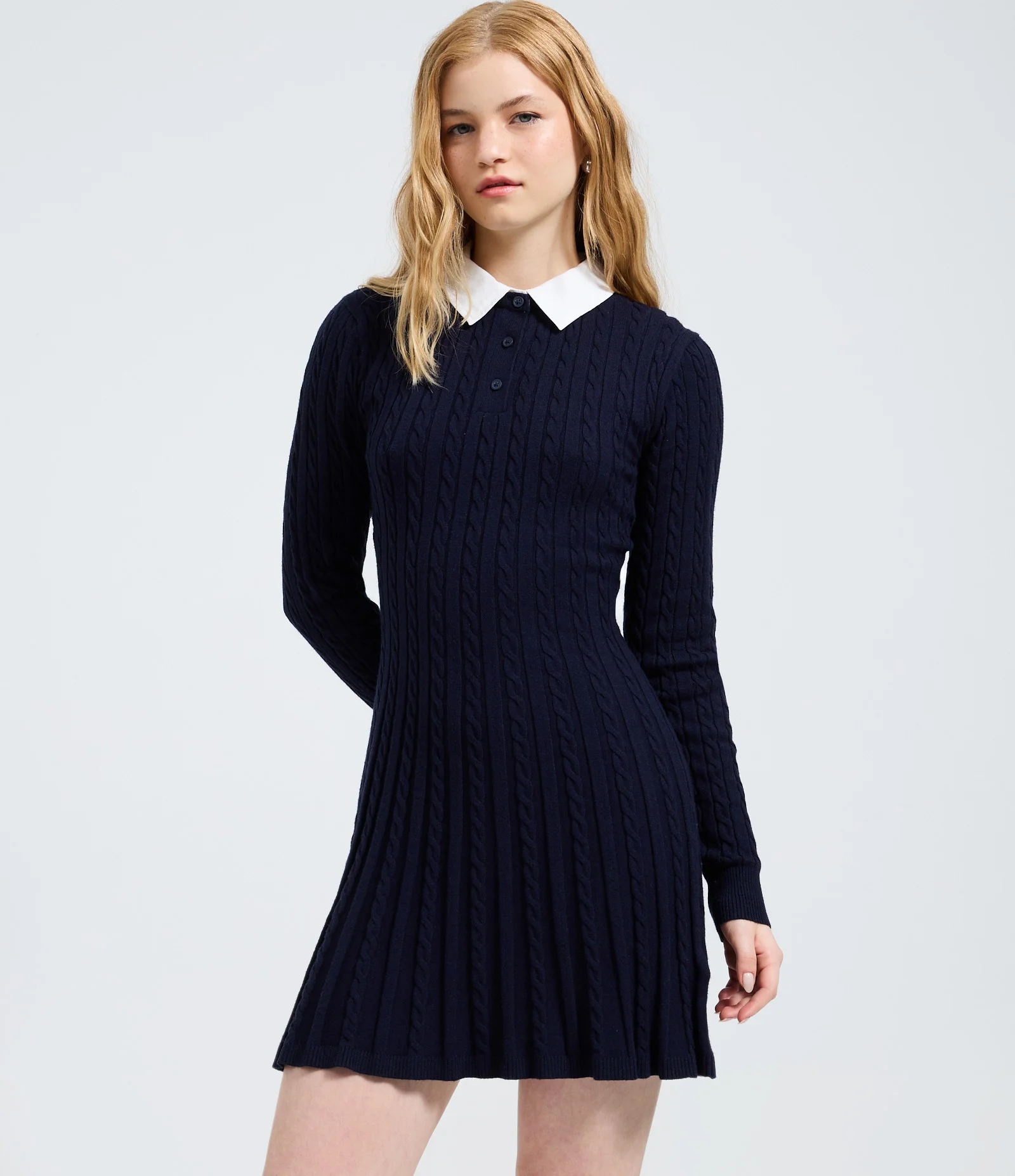 Vestido Manga Longa em Tricô com Textura e Gola Polo Azul 2