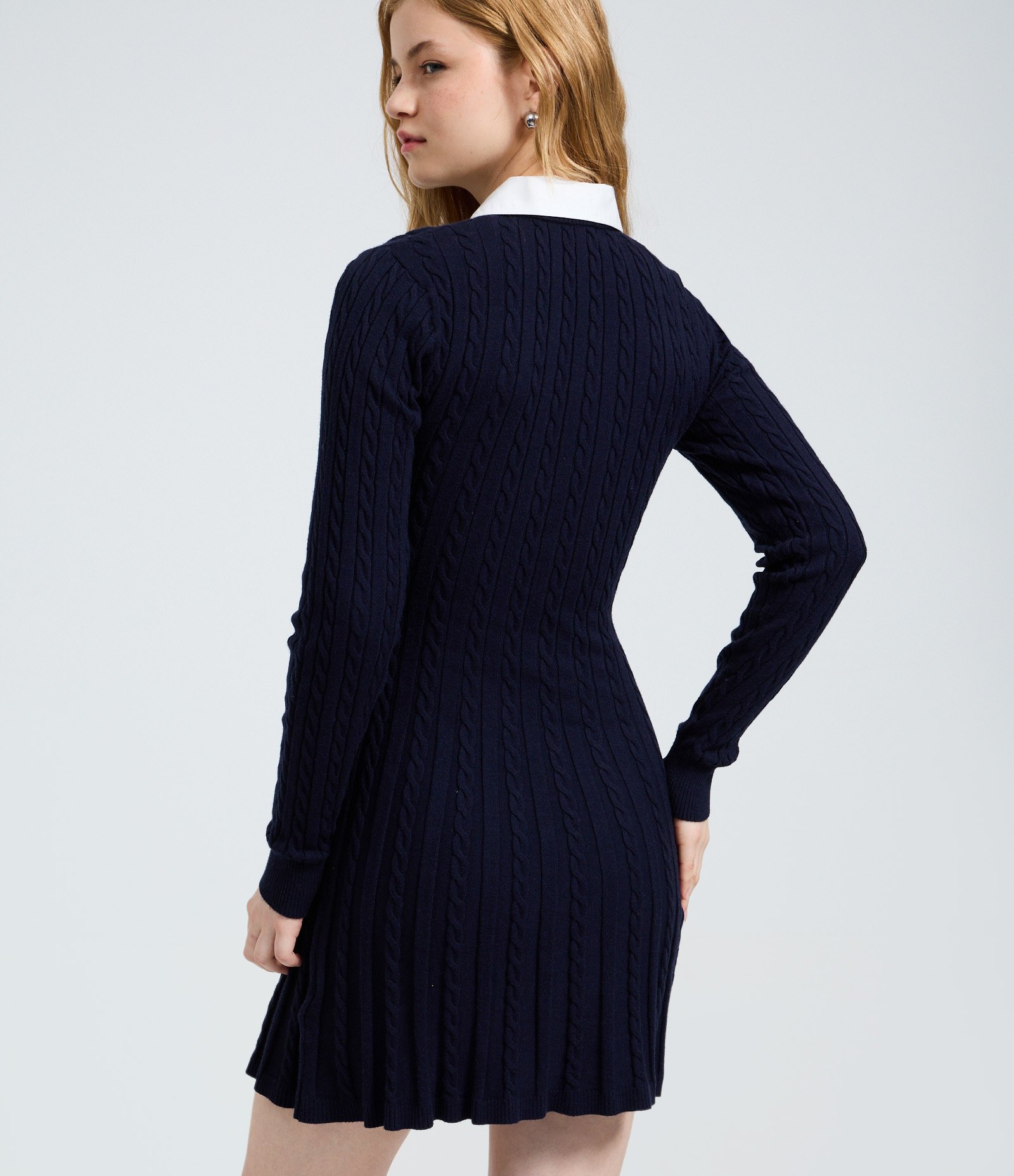 Vestido Manga Longa em Tricô com Textura e Gola Polo Azul 3