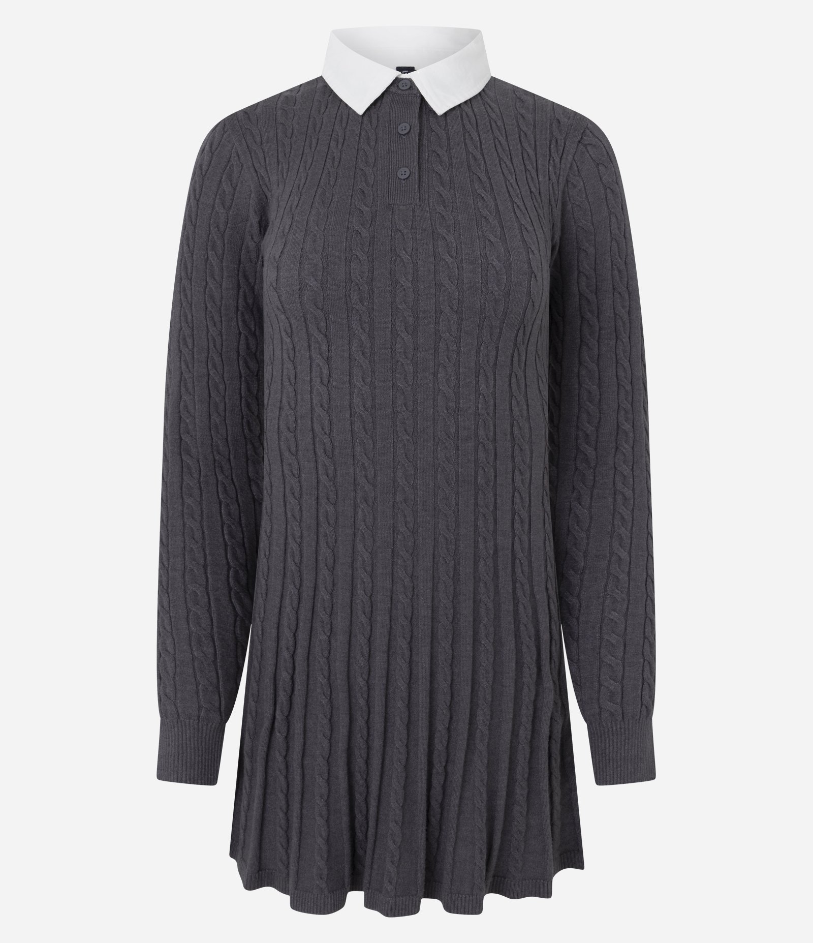 Vestido Manga Longa em Tricô com Textura e Gola Polo Cinza 1