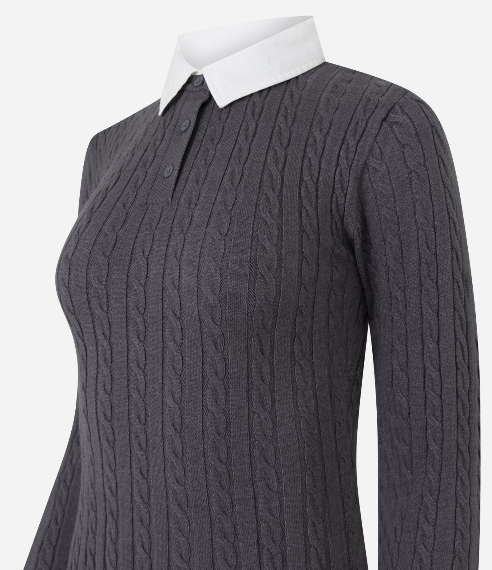 Vestido Manga Longa em Tricô com Textura e Gola Polo Cinza 2