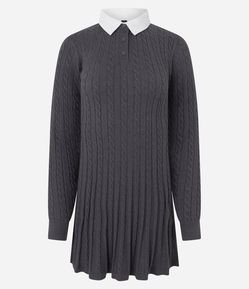 Vestido Manga Longa em Tricô com Textura e Gola Polo