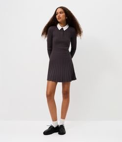 Vestido Manga Longa em Tricô com Textura e Gola Polo