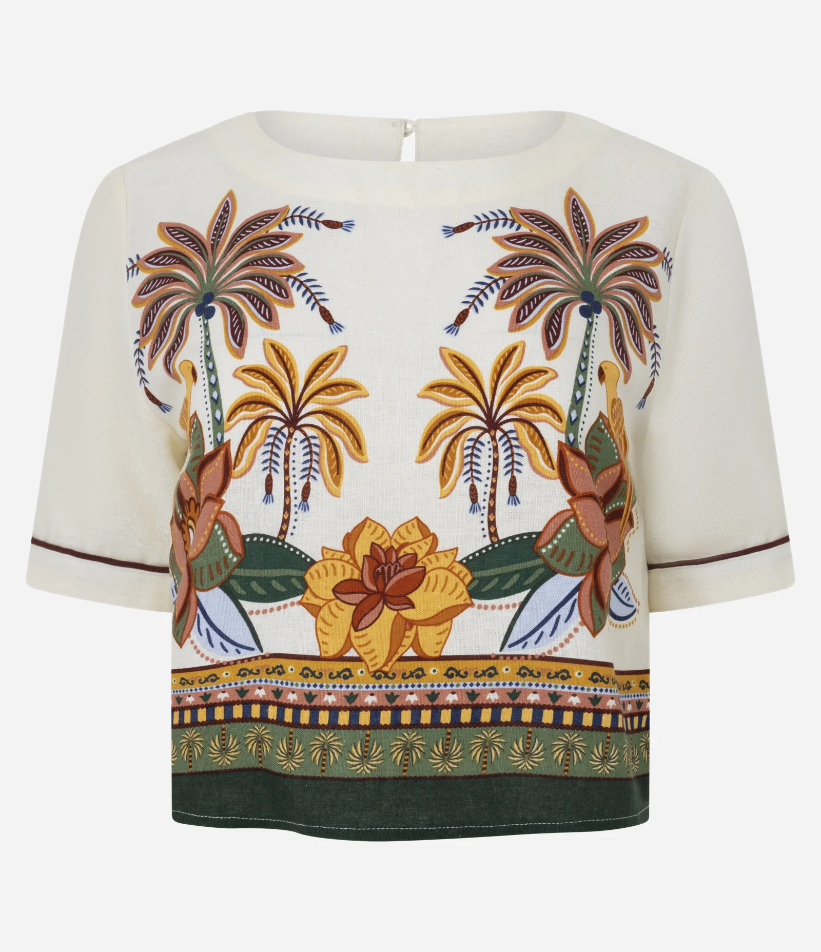 Blusa Curta em Viscolinho com Estampa Tropical Bege 1
