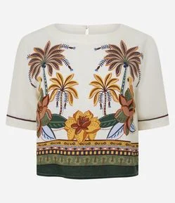 Blusa Curta em Viscolinho com Estampa Tropical